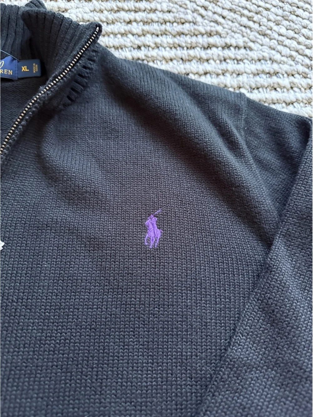 Ralph Lauren Black Wool Half-Zip Sweater/Purple Pony -NWT-Retail $165 size XL